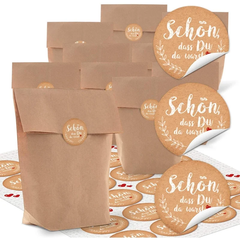 Kraftpapiertüten 16,5 x 26 x 6,6 cm mit Aufklebern „Merci“ oder „Schön, dass du da warst“