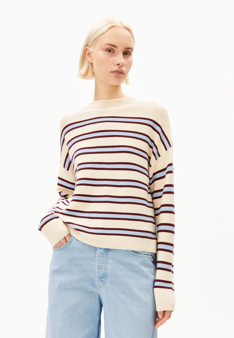 MERINAA GESTREIFTER STRICKPULLOVER | oatmilk-velvet red-soft blue