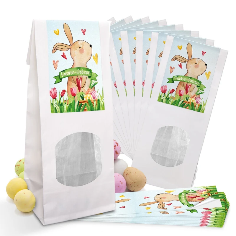 Blockbodenbeutel weiß mit Sichtfenster 7 x 4 x 20,5 cm mit bunten Banderolen „Frohe Ostern“