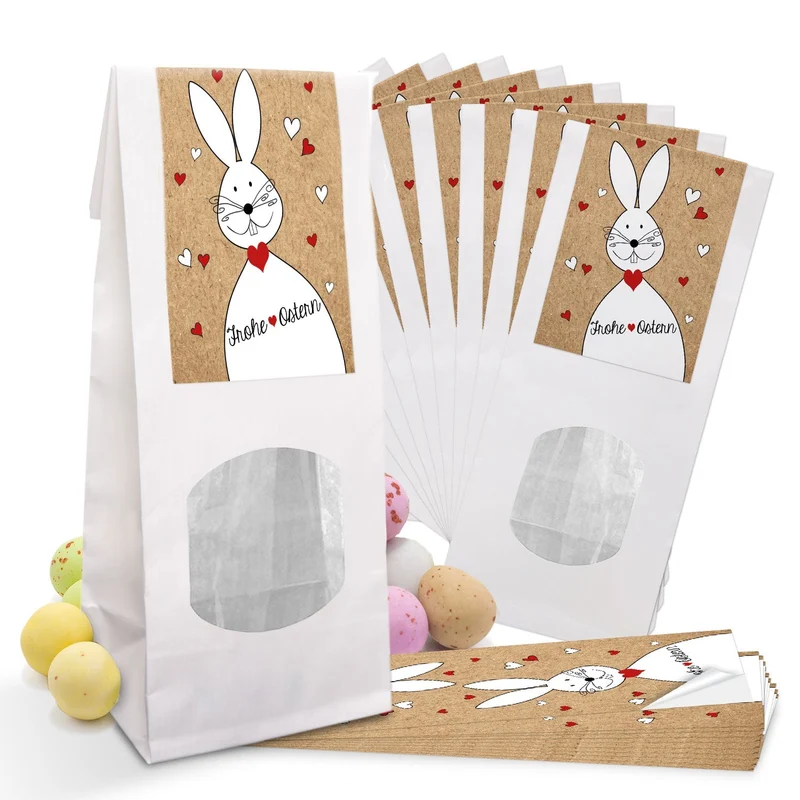 Blockbodenbeutel weiß mit Sichtfenster 7 x 4 x 20,5 cm mit Osterhasen-Banderolen „Frohe Ostern“