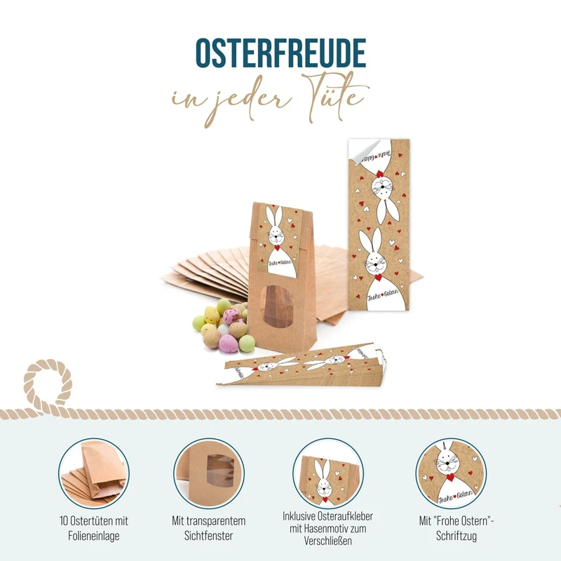 Blockbodenbeutel weiß mit Sichtfenster 7 x 4 x 20,5 cm mit Osterhasen-Banderolen „Frohe Ostern“
