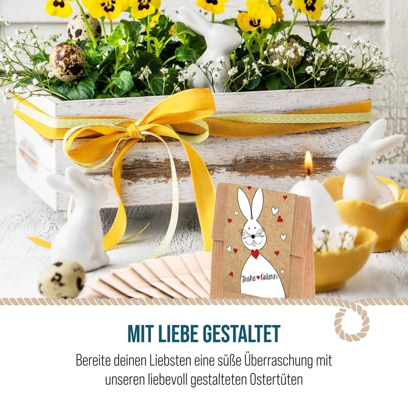 Blockbodenbeutel weiß mit Sichtfenster 7 x 4 x 20,5 cm mit Osterhasen-Banderolen „Frohe Ostern“