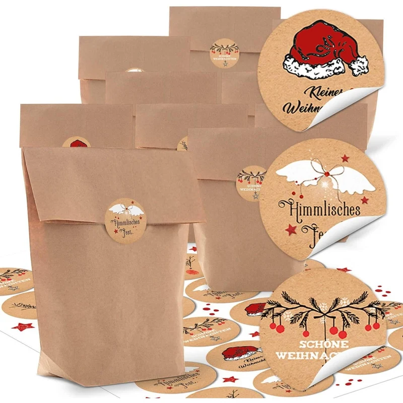 Kraftpapiertüten mit Boden 16,5 x 26 x 6,6 cm mit Weihnachtsaufklebern schwarz-rot-weiß