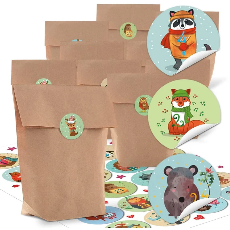 Adventskalender zum Befüllen aus Kraftpapiertüten 16,5 x 26 x 6,6 cm mit Zahlenaufklebern
