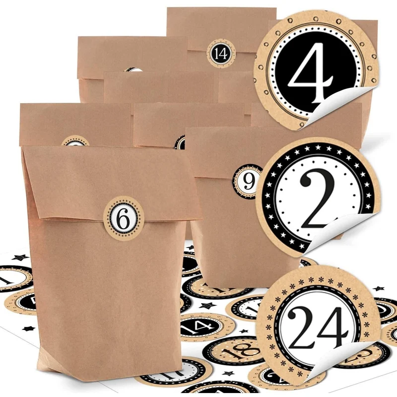 Adventskalender zum Befüllen aus Kraftpapiertüten 16,5 x 26 x 6,6 cm mit Zahlenaufklebern