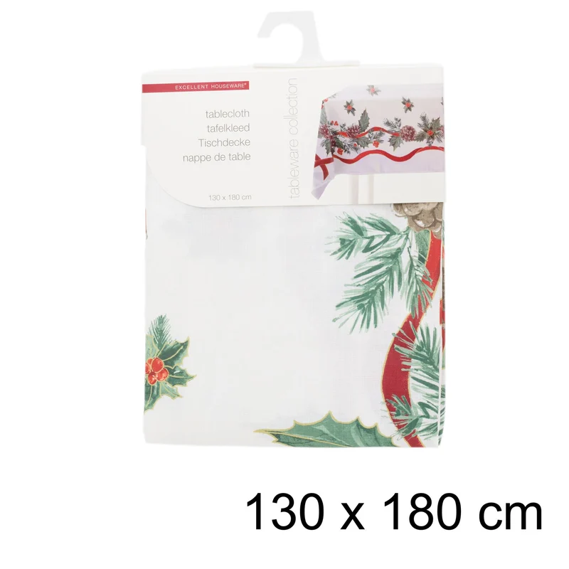 Traditional Rectangle Christmas Tablecloth | Pine Cone And Holly Festive Table Cloth | Xmas Table Cover Christmas Table Decoration 180cm X 130cm
