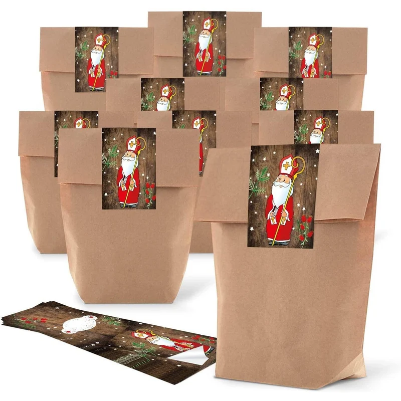 Kraftpapiertüten 19 x 29,5 x 7,5 cm mit Weihnachtsaufklebern in verschiedenen Motiven