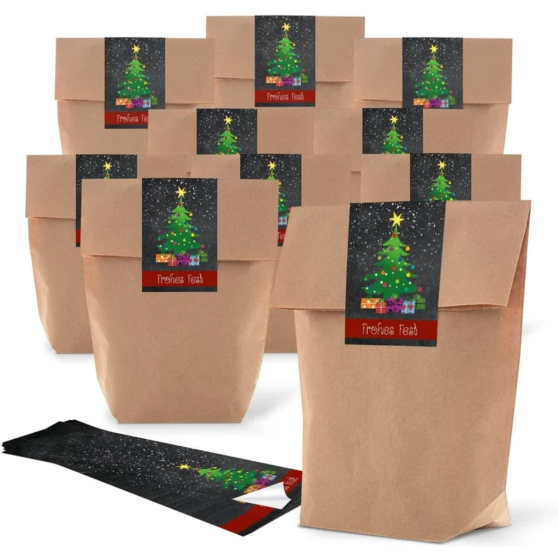 Kraftpapiertüten 19 x 29,5 x 7,5 cm mit Weihnachtsaufklebern in verschiedenen Motiven
