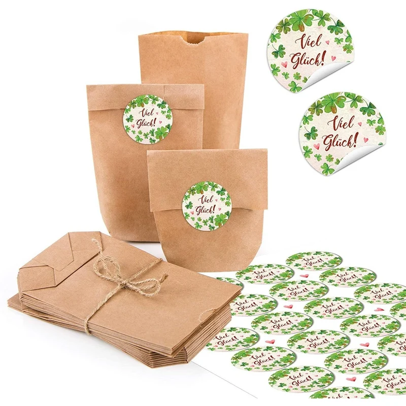 Kraftpapiertüten mit Boden 9 x 15 x 3,5 cm mit Aufklebern „Viel Glück“ Kleeblatt und Herzen