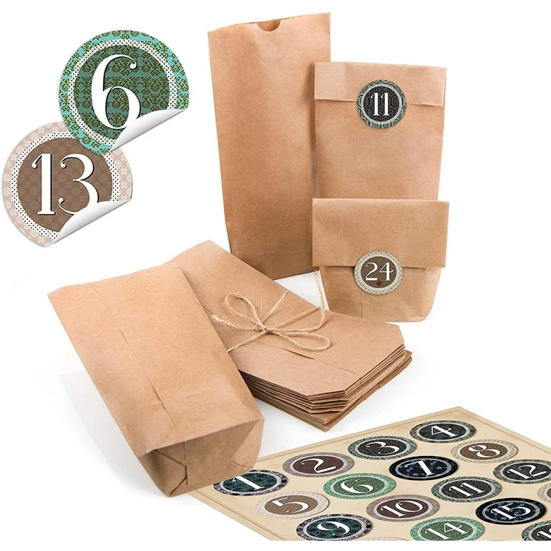 Kraftpapiertüten mit Boden 10,7 x 22 x 4,2 cm mit runden Adventszahlen-Aufklebern zum Basteln