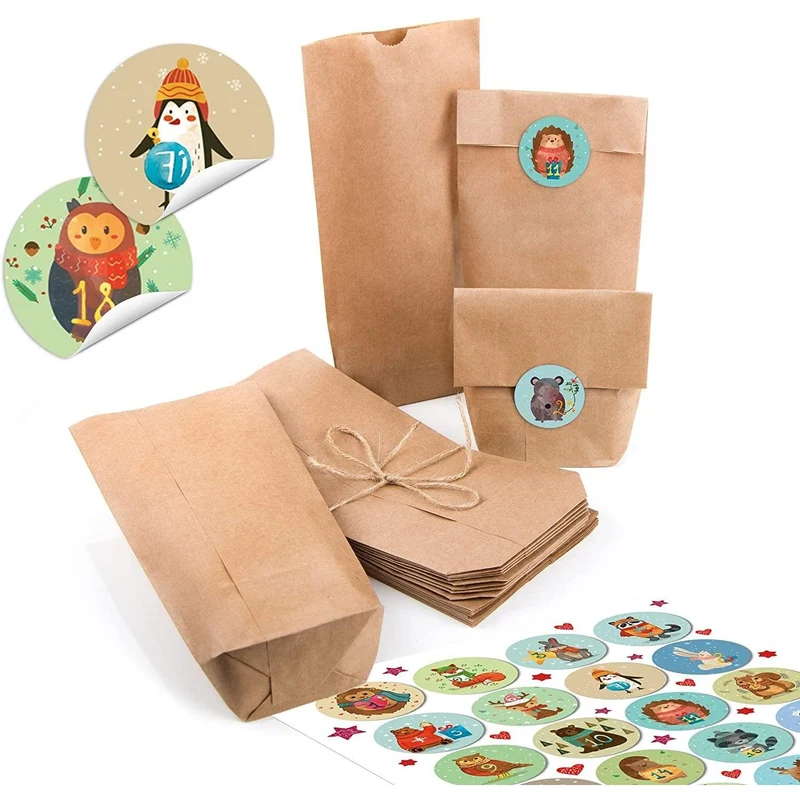 Kraftpapiertüten mit Boden 10,7 x 22 x 4,2 cm mit runden Adventszahlen-Aufklebern zum Basteln
