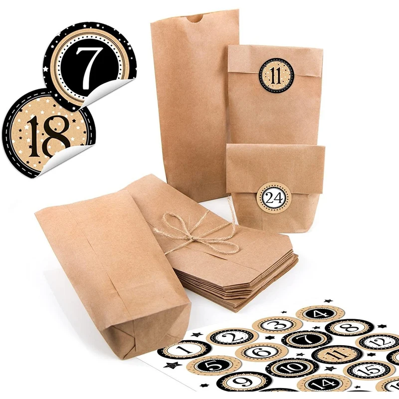 Kraftpapiertüten mit Boden 10,7 x 22 x 4,2 cm mit runden Adventszahlen-Aufklebern zum Basteln