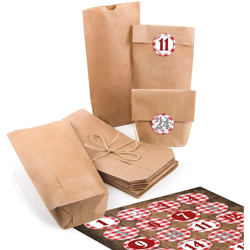Kraftpapiertüten mit Boden 10,7 x 22 x 4,2 cm mit runden Adventszahlen-Aufklebern zum Basteln