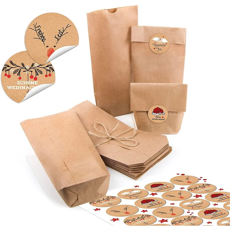 Kraftpapiertüten mit Boden 10,7 x 22 x 4,2 cm mit Weihnachtsaufklebern in verschiedenen Motiven