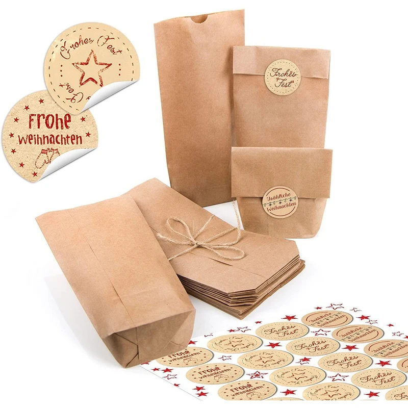 Kraftpapiertüten mit Boden 10,7 x 22 x 4,2 cm mit Weihnachtsaufklebern in verschiedenen Motiven