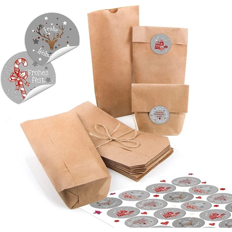 Kraftpapiertüten mit Boden 10,7 x 22 x 4,2 cm mit Weihnachtsaufklebern in verschiedenen Motiven