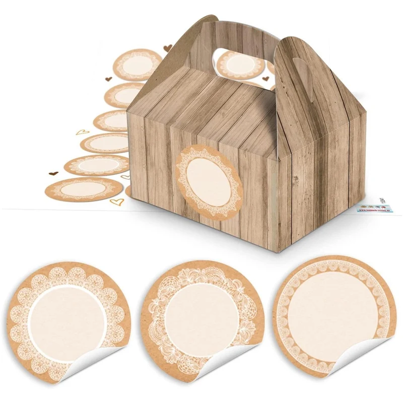 24 Geschenkboxen braun in Holzoptik 9 x 12 x 6 cm mit 24 runden Blanko-Aufklebern
