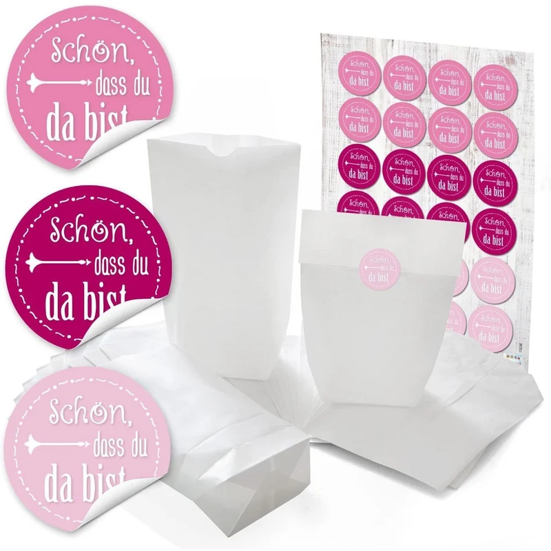 Papiertüten mit Boden mit Aufklebern „Danke“ und „Schön, dass du da bist“ in vielen Farben