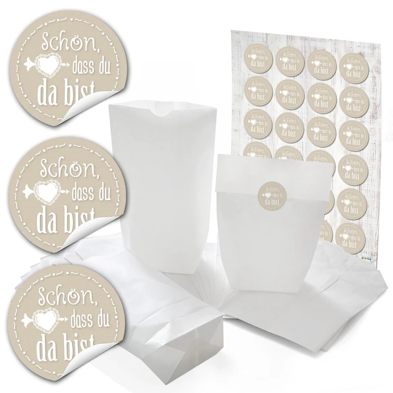 Papiertüten mit Boden mit Aufklebern „Danke“ und „Schön, dass du da bist“ in vielen Farben