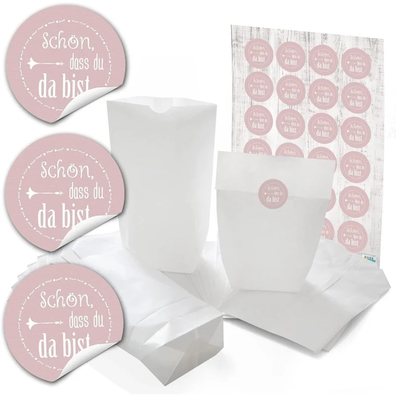 Papiertüten mit Boden mit Aufklebern „Danke“ und „Schön, dass du da bist“ in vielen Farben