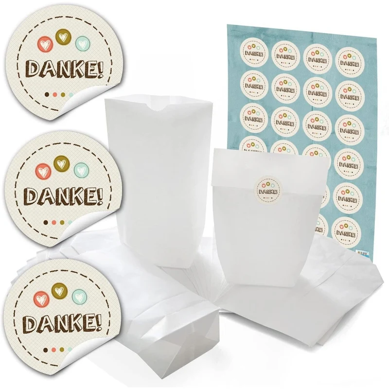 Papiertüten mit Boden mit Aufklebern „Danke“ und „Schön, dass du da bist“ in vielen Farben