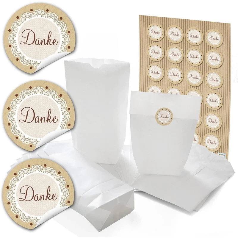 Papiertüten mit Boden mit Aufklebern „Danke“ und „Schön, dass du da bist“ in vielen Farben