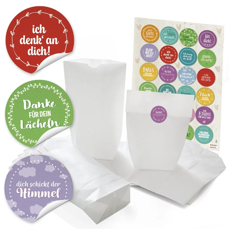 Papiertüten mit Boden mit Aufklebern „Danke“ und „Schön, dass du da bist“ in vielen Farben