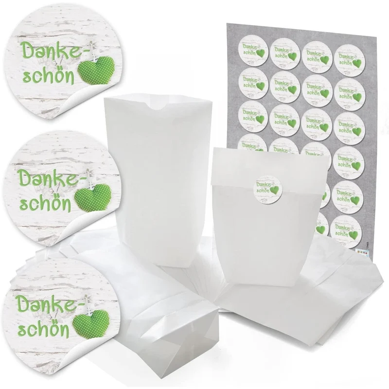 Papiertüten mit Boden mit Aufklebern „Danke“ und „Schön, dass du da bist“ in vielen Farben