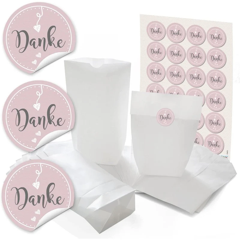 Papiertüten mit Boden mit Aufklebern „Danke“ und „Schön, dass du da bist“ in vielen Farben