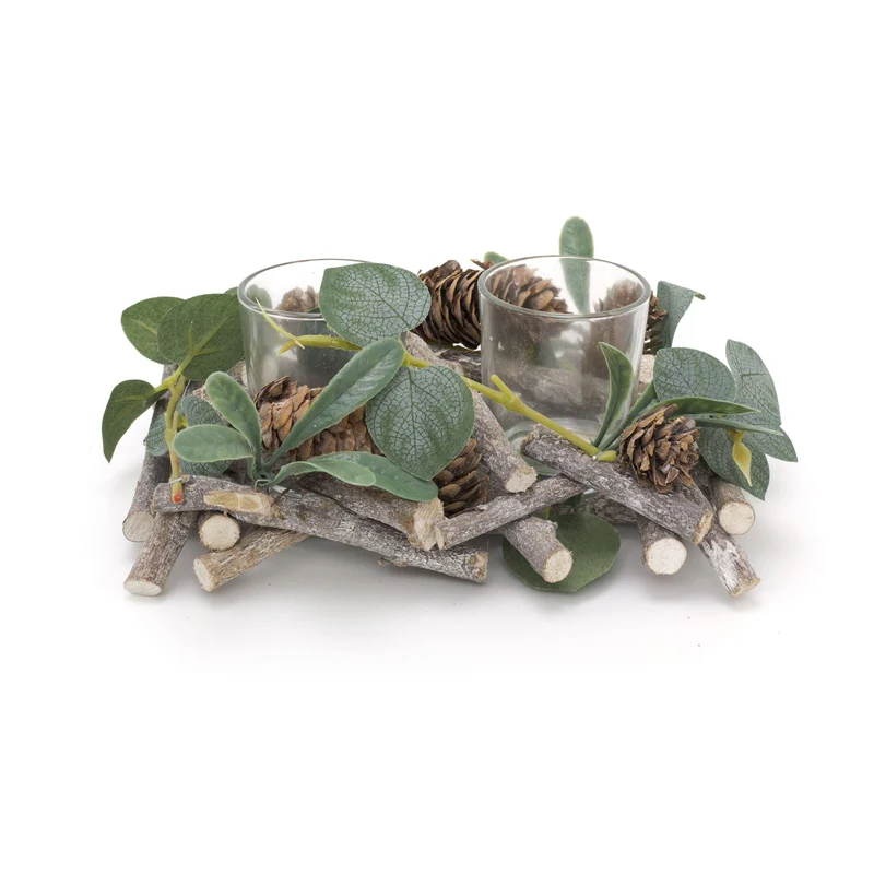 20cm Alpine Sage Double Christmas Tealight Candle Holder | Twin Christmas Garland Tea Light Holder | Christmas Candle Centerpiece