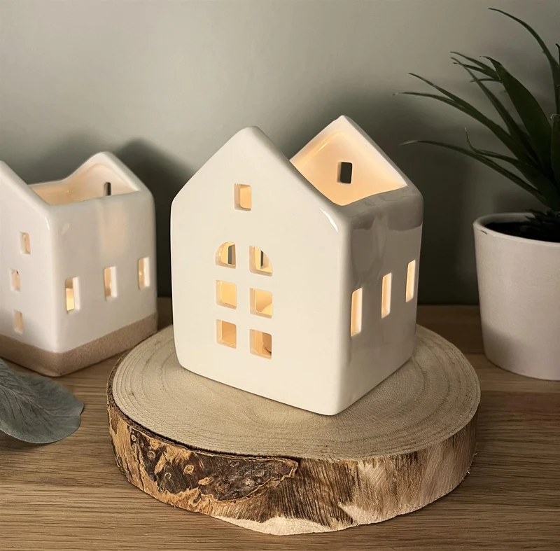 White Ceramic House Christmas Tealight Candle Holder | Tea Light Votive Holder