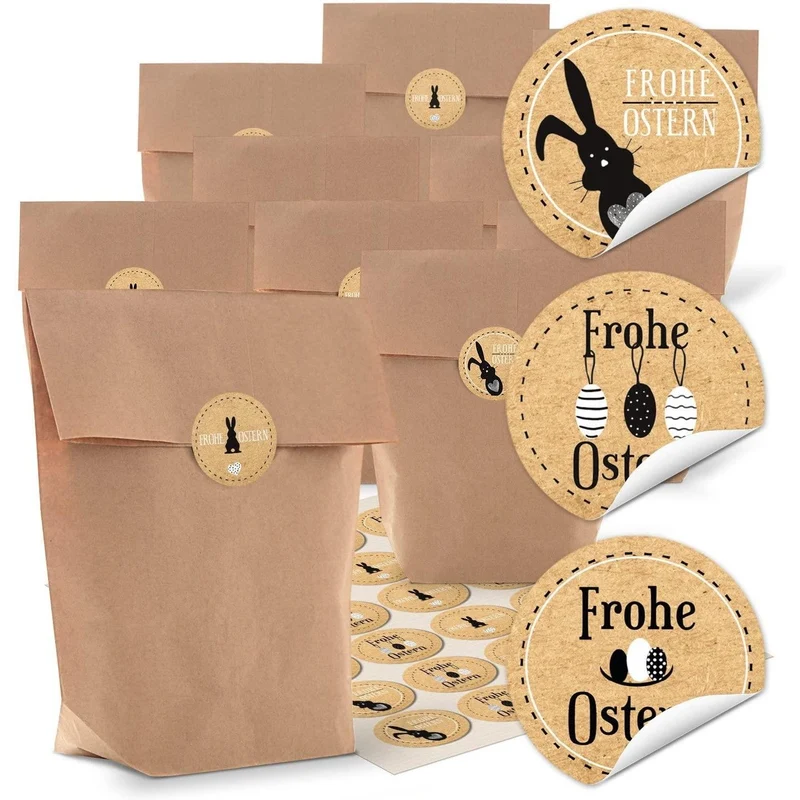 Ostertüten aus Kraftpapier mit Boden 16,5 x 26 x 6,6 cm mit Osteraufklebern „Frohe Ostern“