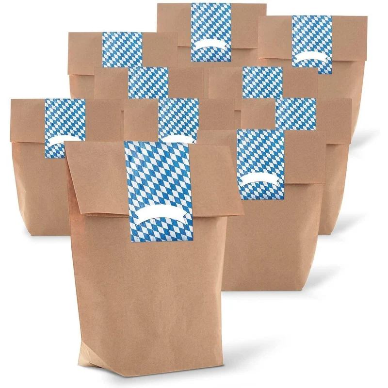 Kraftpapiertüten mit Boden 14 x 22 x 5,6 cm mit bayerischen Aufklebern blau-weiß