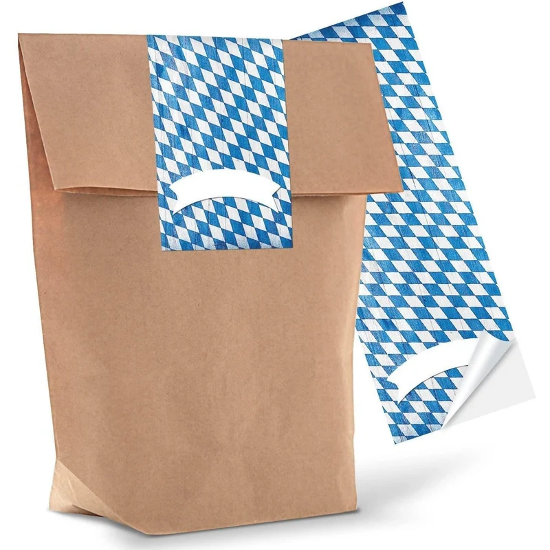Kraftpapiertüten mit Boden 14 x 22 x 5,6 cm mit bayerischen Aufklebern blau-weiß