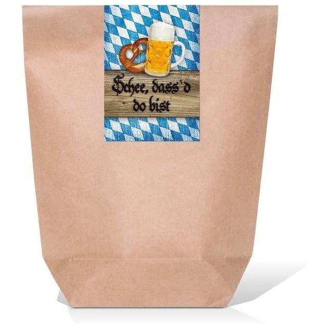 Kraftpapiertüten mit Boden 14 x 22 x 5,6 cm mit bayerischen Aufklebern blau-weiß