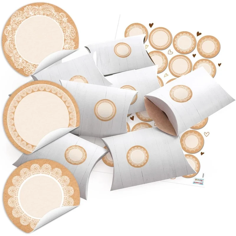 10 Geschenkboxen flach weiß 14,5 x 10,5 x 3 cm mit 24 runden Blanko-Aufklebern