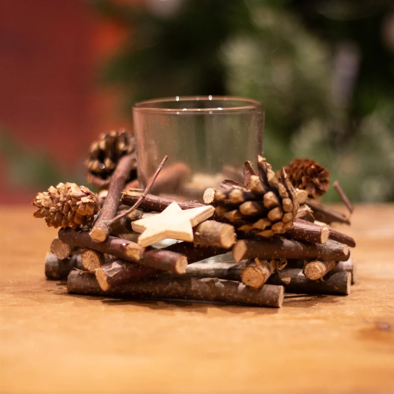 Rustic Wooden Glass Festive Christmas Tealight Candle Holder Decoration Centerpiece