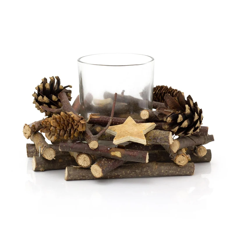 Rustic Wooden Glass Festive Christmas Tealight Candle Holder Decoration Centerpiece