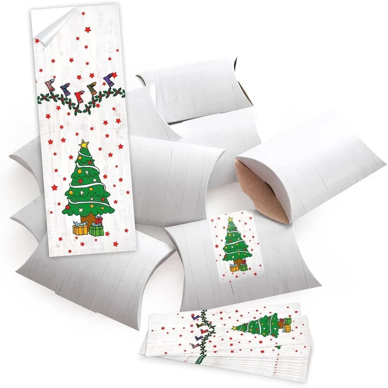 10 Geschenkboxen flach weiß 14,5 x 10,5 x 3 cm mit Banderolen „Weihnachtsbaum“ grün-rot