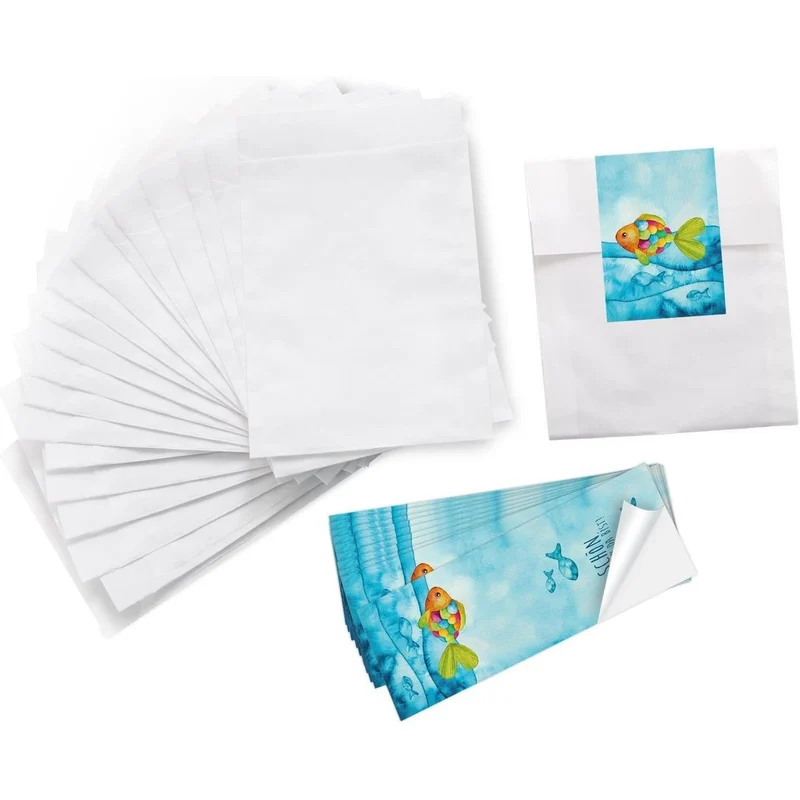 Weiße Flachbeutel aus Papier in zwei Größen mit Banderole in verschiedenen Motiven