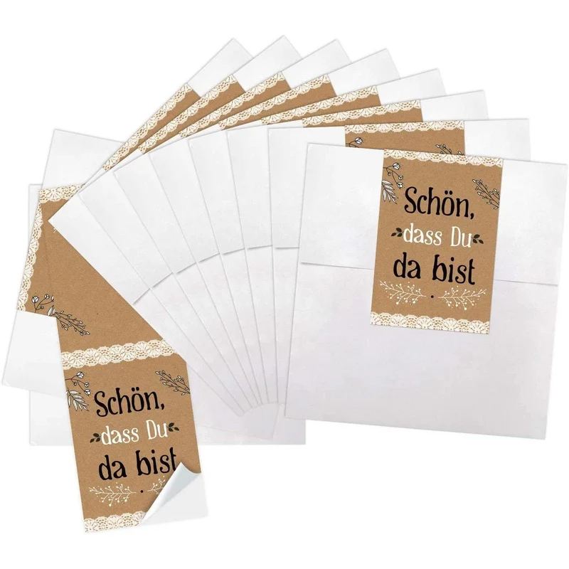 Weiße Flachbeutel aus Papier in zwei Größen mit Banderole in verschiedenen Motiven