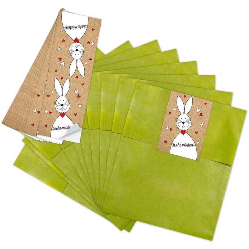 Grüne Flachbeutel aus Papier 13 x 18 cm mit Oster-Banderole in verschiedenen Hasenmotiven