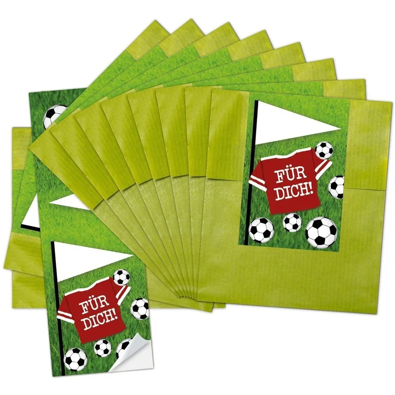 Grüne Flachbeutel aus Papier 9,5 x 14 cm mit Fußball-Banderole „Für Dich“