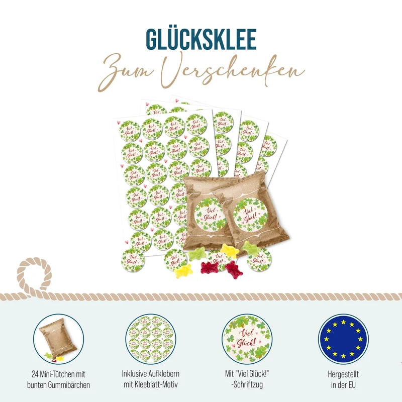 24 Fruchtgummi Tütchen Viel Glück beige braun – Glücksbringer Give-away zu Neujahr