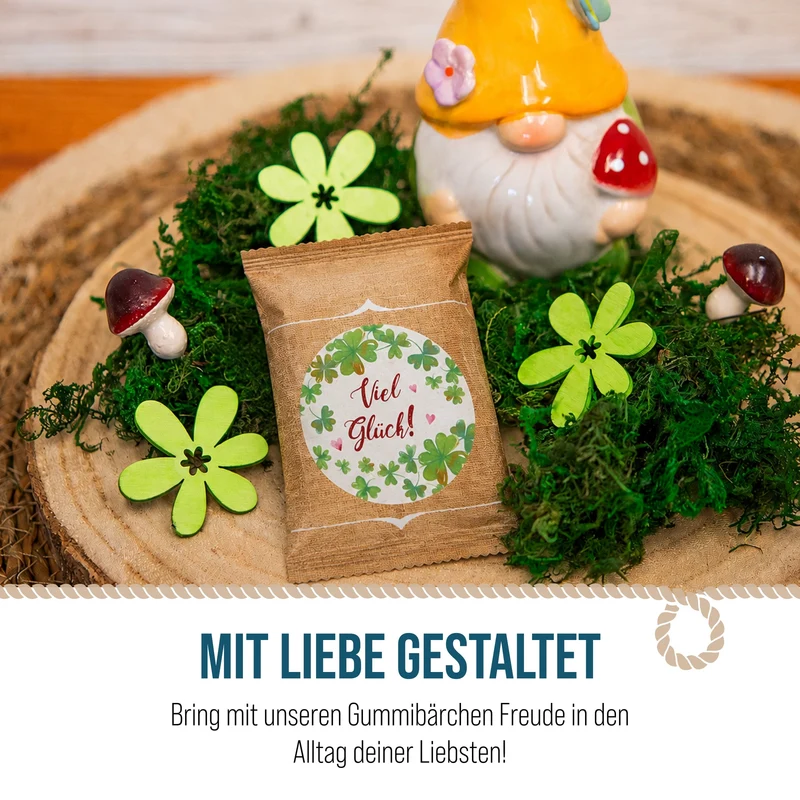 24 Fruchtgummi Tütchen Viel Glück beige braun – Glücksbringer Give-away zu Neujahr
