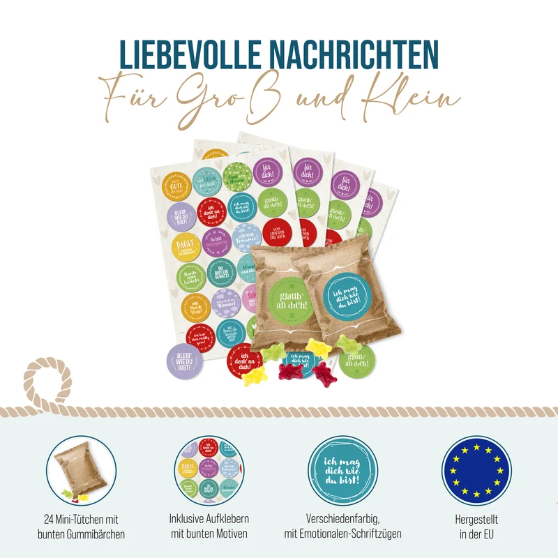 24 Fruchtgummi Tütchen mit Sprüche-Aufklebern – bunte Mini-Geschenke für liebe Menschen