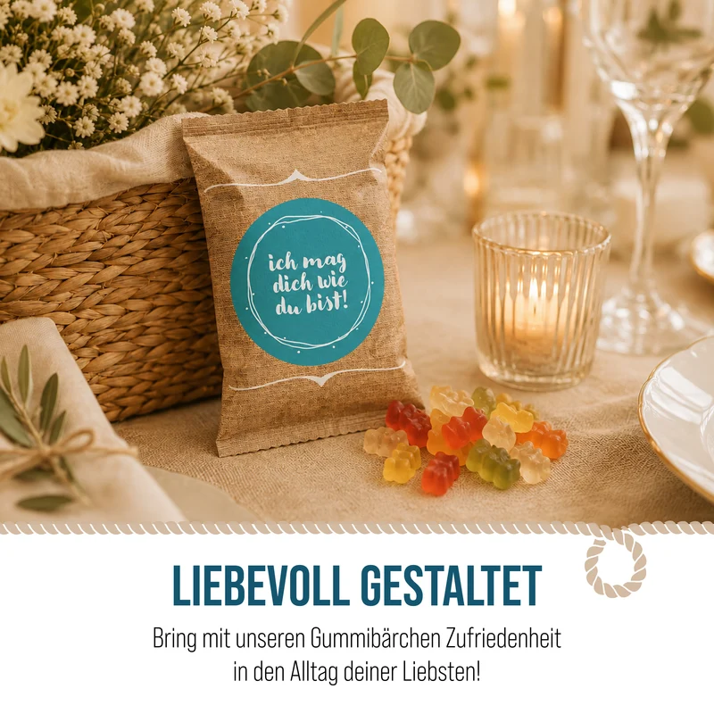 24 Fruchtgummi Tütchen mit Sprüche-Aufklebern – bunte Mini-Geschenke für liebe Menschen