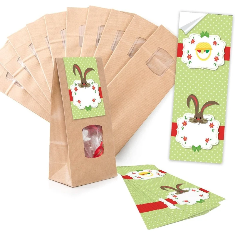 Blockbodenbeutel braun mit Sichtfenster 10,5 x 6,5 x 29 cm mit Oster-Banderolen