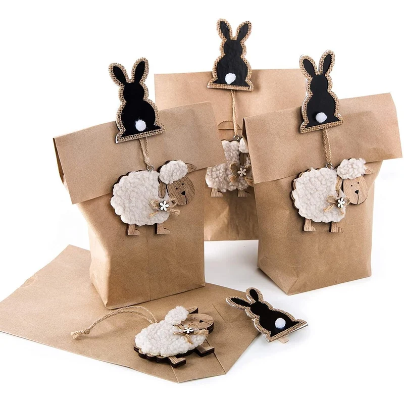 2 x 4 er SET Ostern Verpackung: Papierbeutel braun 16 x 26 cm + Osterhase Klammer schwarz + Schaf Anhänger Holz für Kinder als Nest Osterdeko Kunden give-away