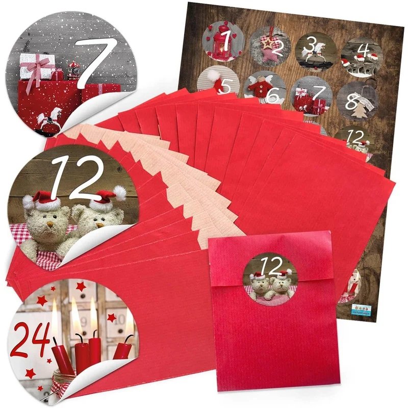 Adventskalender-Set: rote Flachbeutel aus Papier 9,5 x 14 cm mit runden Zahlenaufklebern 1–24
